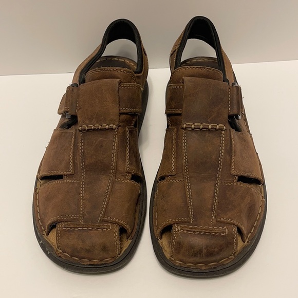 Dr. Scholl’s Men’s Size 12 Brown Leather Fisherman Closed Toe Hook & Loop Sandal - Picture 1 of 11